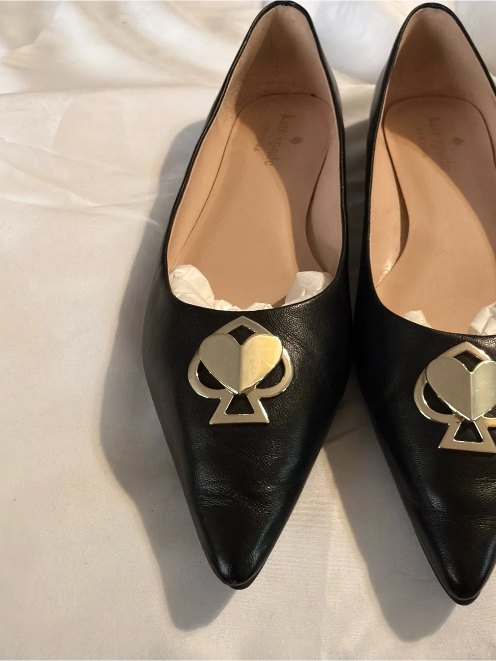 Kate Spade Black Pointed Toe Flats with Gold Spade Hardware